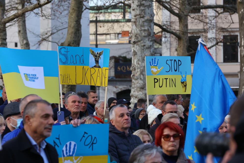 Citizens taking part in a peaceful demonstration against Russia's military invasion of Ukraine
